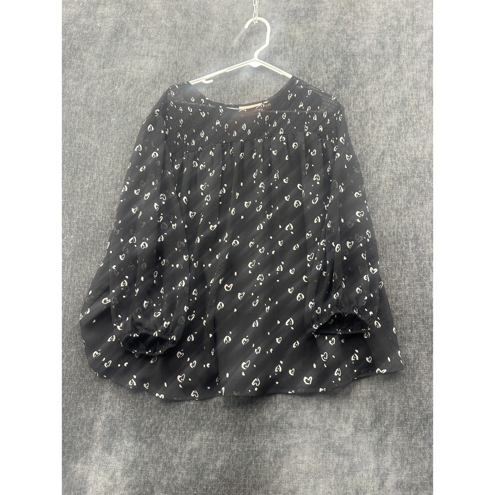 Evri Blouse Top Womens 3X Black Heart Print Pleated Smocked Yoke Keyhole Back